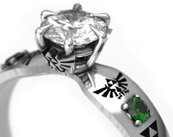 Geeky 6 Claw Fantasy Ring - Zelda Inspired Ring with certified Moissanite and Lab Emerald