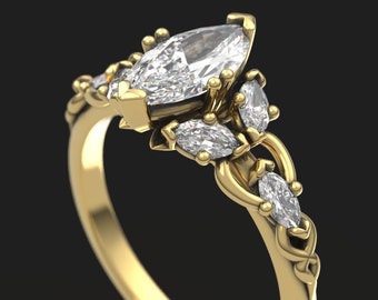 ゴールドエルフモアッサナイト婚約指輪 – ファンタジークローセッティング