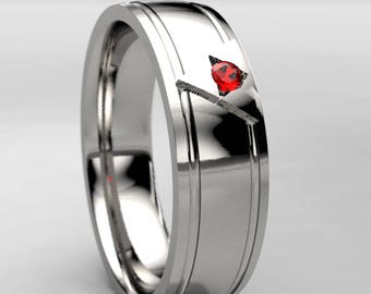 Men's White Gold Hyrule Triforce Ruby Wedding Band, Legend of Zelda Wide Wedding Ring