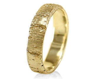 Aspen Tree Bark Ring - Men's Rustic Textured Gold Wedding Band - Gift for Him or Her
