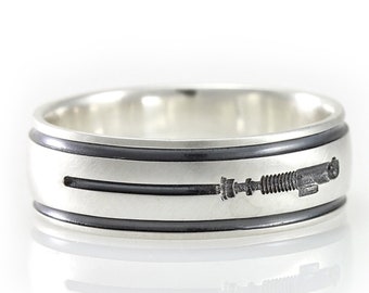 Star Wars Lightsaber Silver Wedding Ring, Nerdy Wedding Band, Geek Wedding Ring