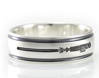 Men&#39;s Star Wars Lightsaber Silver Wedding Ring, Nerdy Wedding Band, Geek Wedding Ring