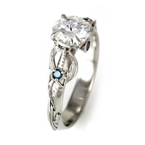 Gold Women&#39;s Way to Dawn Keyblade Engagement Ring - Kingdom Hearts Ring featuring Moissanite with Sapphire and Blue Diamond - Fantasy Ring