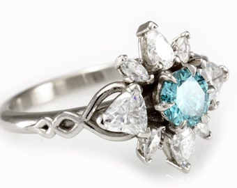 White Gold Aqua Diamond Engagement Ring – Elvish Art Nouveau Moissanite Halo