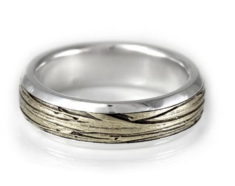 Madrone Bark Gold and Silver Wedding Band – Two Tone Branch Ring