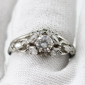 White Gold Elvish Matching Ring Set - Elf Fantasy Engagement Ring - Art Nouveau Claw Ring
