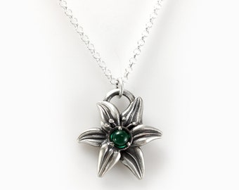 Aerith Silver Lily Necklace -Flower Pendant with 3mm Lab Emerald - Final Fantasy 7 Inspired Romantic Gift for Her