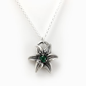 Aerith Silver Lily Necklace -Flower Pendant with 3mm Lab Emerald - Final Fantasy 7 Inspired Romantic Gift for Her