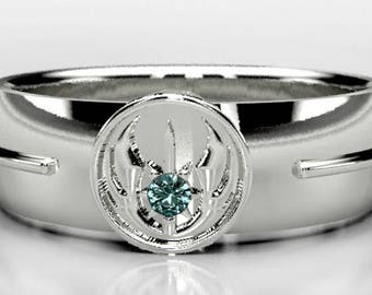 Star Wars Jedi Order Mens Wedding Ring, Geeky Blue Diamond Wedding Band, Fandom Ring