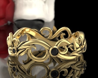 Gold Vine & Leaf Black Diamond Ring - Art Nouveau Wedding Band