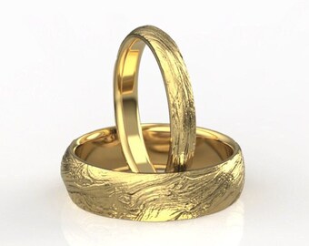 Bristlecone Tree Bark Wedding Ring Set in Gold -  His and Hers Matching Nature Twig Wedding Band Set