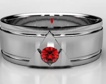 Men's White Gold Legend of Zelda Wedding Ring, Lab Ruby Wide Wedding Band