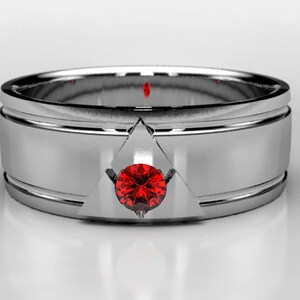 Men's White Gold Legend of Zelda Wedding Ring, Lab Ruby Wide Wedding Band