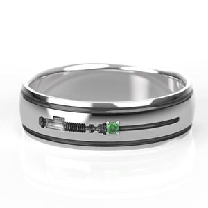 Men&#39;s Star Wars Lightsaber Silver Wedding Ring with emeralds, Nerdy Wedding Band, Gift for Geek