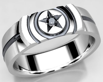 Captain America Inspired Wedding Ring with 2mm Black Diamond- Wedding Band in Sterling Silver