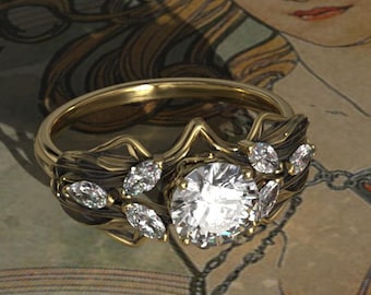 Gouden jugendstil-moissaniet-verlovingsring – Elfen-fantasieontwerp