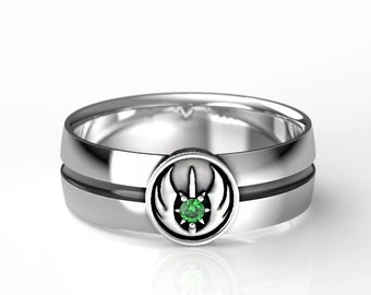 Men's Silver Jedi Order Wedding Ring -  Wedding Band with Lab Emerald - Geek Engagement Ring - Gift for him