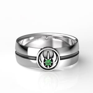 Men&#39;s Silver Jedi Order Wedding Ring -  Wedding Band with Lab Emerald - Geek Engagement Ring - Gift for him