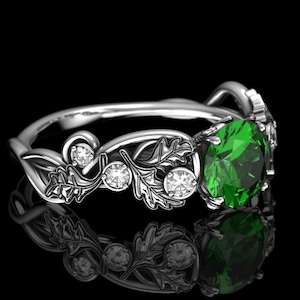 White Gold Fairy Oak Leaf Engagement Ring - Features ~1 Carat Lab Emerald and Diamonds - Art Nouveau Dainty Promise Ring - Nature Ring