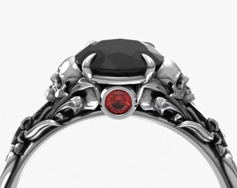 Edwardian 1 carat Skull Engagement Ring - Black Moissanite with Lab Ruby - Alternative Viking Gothic Engagement Ring