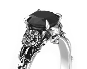 Edwardian Floral 1 Carat Black Diamond Skull Engagement Ring - Alternative Gothic Engagement Ring with Marigold