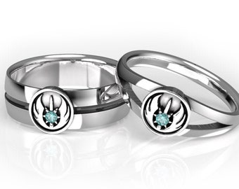 Star Wars Jedi Order Inspired Matching Wedding Ring Set with Teal Blue Diamond- Star Wars Ring - Geek Engagement Ring - Promise Rings