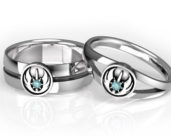 Star Wars Matching Wedding Ring Set with Teal Blue Diamond- Jedi Order Rings - Geek Engagement Ring - Promise Rings
