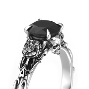 Edwardian Floral 1 Carat Black Diamond Skull Engagement Ring - Alternative Gothic Engagement Ring with Marigold