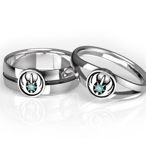 Star Wars Jedi Order Inspired Matching Wedding Ring Set with Teal Blue Diamond- Star Wars Ring - Geek Engagement Ring - Promise Rings