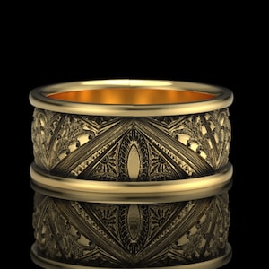 Silver or Gold Men&#39;s Art Deco Wedding Band, Geometric 9mm Wide Ring - Goth Engagement ring for Him or Her - Anniversary Gift