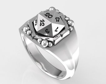 Wide Men's DnD D20 Silver Signet Ring - Geeky D&D Statement Ring Gift for Him