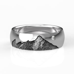 Flat Irons Wedding Band with Diamond, in Silver or Gold - 7mm Wide Rocky Mountain Colorado Nature Ring
