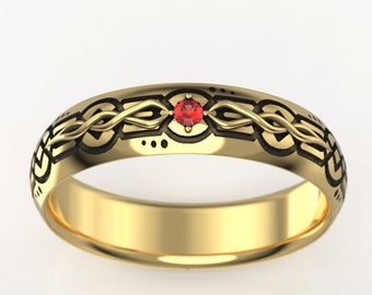 Elvish Fantasy Men's Wedding Band with Lab Ruby - 5mm Men's Elven Wedding Ring in silver or 10k-18k Gold - Promise Ring