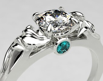 White Gold Moissanite Engagement Ring – Elvish Vine, Blue Diamond Accent