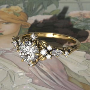 Ethereal Gold Engagement Ring with Moissanite -  Elvish Nature Inspired Ethereal Wedding Ring - Fairy Ring