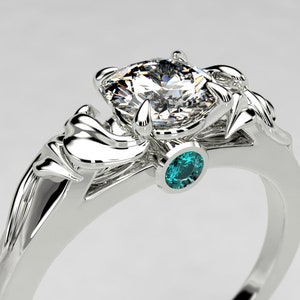 White Gold Elvish Engagement Ring with Moissanite and blue diamond - Fantasy Vine & Leaf Ring - Art Nouveau Fairy Ring - Elf ring