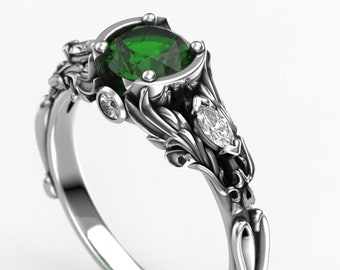 Women's Engagement Ring with 6mm Round Lab Emerald - Ladies Fantasy Silver or Gold Engagement Ring - Promise Ring