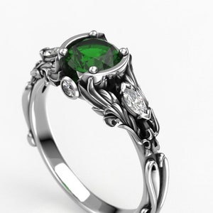 Women's Engagement Ring with 6mm Round Lab Emerald Ladies Fantasy Silver or Gold Engagement Ring Promise Ring image 1