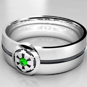 Silver Star Wars Inspired Unisex Wedding Ring with Lab Emerald - Star Wars Promise Ring - Geeky Friendship Ring