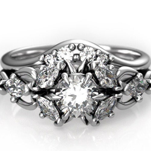 Elvish Wedding Ring Set - Elven Fantasy Engagement Ring for Her - Art Nouveau Nerdy Geek Engagement Ring - Viking Claw Ring