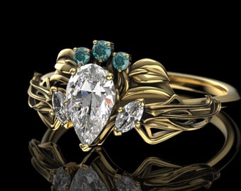 Gouden peer Moissaniet Elfenkroonring - Art Nouveau-verlovingsring