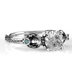 White Gold Women's Oblivion Keyblade Engagement Ring - Kingdom Hearts Ring with 6.5mm Moissanite and Blue Diamonds