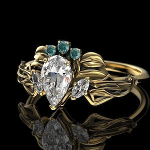 Elven Crown Engagement Ring with Pear Cut Moissanite - Tiara Ring Luxe - Art Nouveau Alternative Engagement Ring