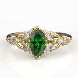 Gold Elvish Engagement Ring with Lab Emerald - Claw Engagement Ring - Elven Fantasy Wedding Ring