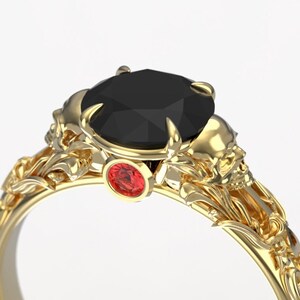 Edwardian 1 carat Skull Engagement Ring Black Moissanite with Lab Ruby Alternative Viking Gothic Engagement Ring image 2