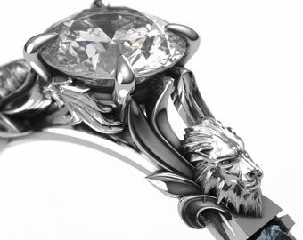 Lion Heart Engagement Ring - Featuring Moissanite and Aquamarine - Lion Ring in Silver or White Gold