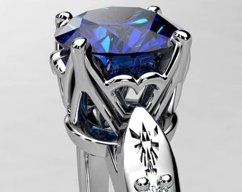 Geeky Legend of Zelda Engagement Ring in White Gold, 1 Carat Lab Sapphire Solitaire Ring