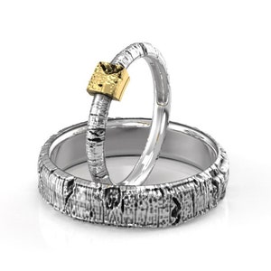 Silver Aspen Tree Bark Wedding Rings- Nature Wedding Ring Set - Matching Branch Wedding Bands 2 tone
