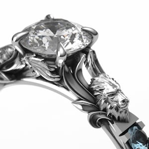 Lion Heart Engagement Ring Featuring Moissanite and Aquamarine Lion Ring in Silver or White Gold image 1