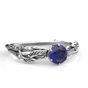 Boho Twig Engagement Ring with Lab Sapphire in Silver or Gold, Fantasy Forest Wedding Ring, Dainty Fairy Wedding Ring, Nature Inspired Ring